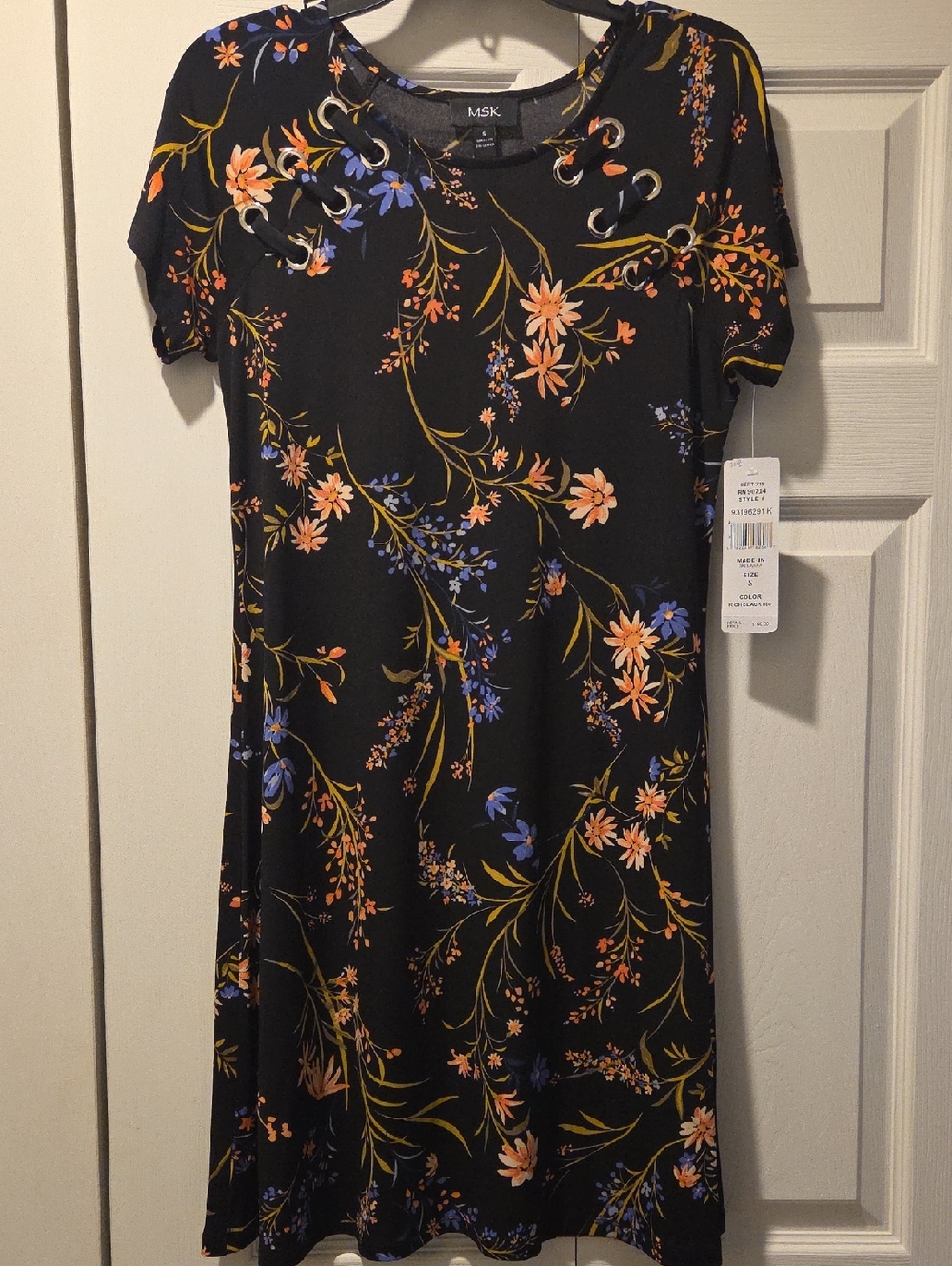 MSK Black Floral Lace-Up Midi Dress with Peach and Blue Blooms